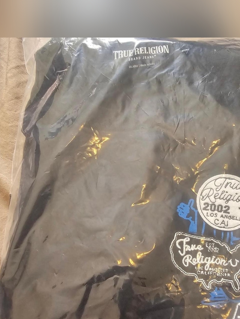 True Religion Black Tee with Blue & White Patch Details